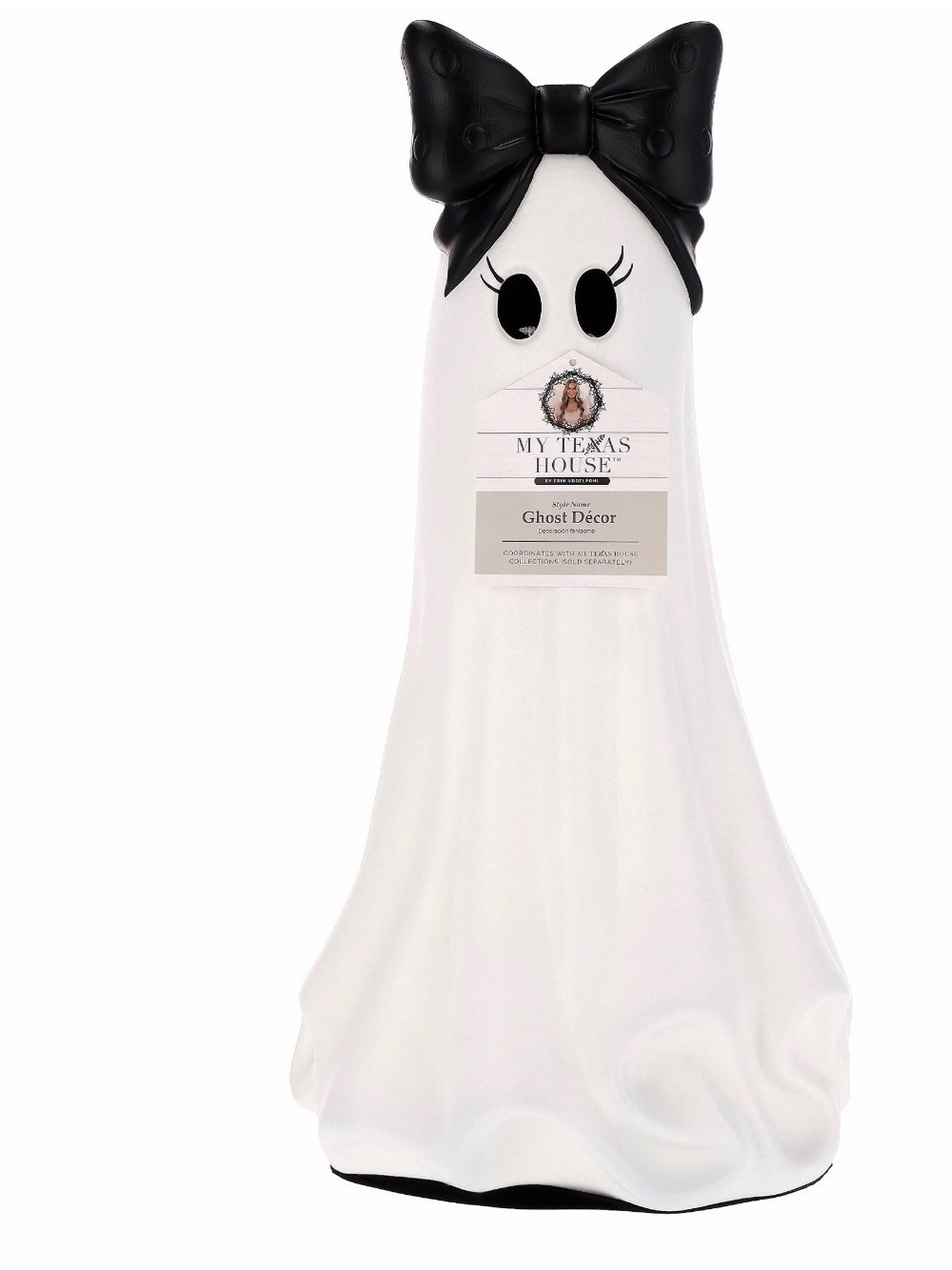 My Texas House Large Ghost with Bow, Black and White, 20" Halloween Decor